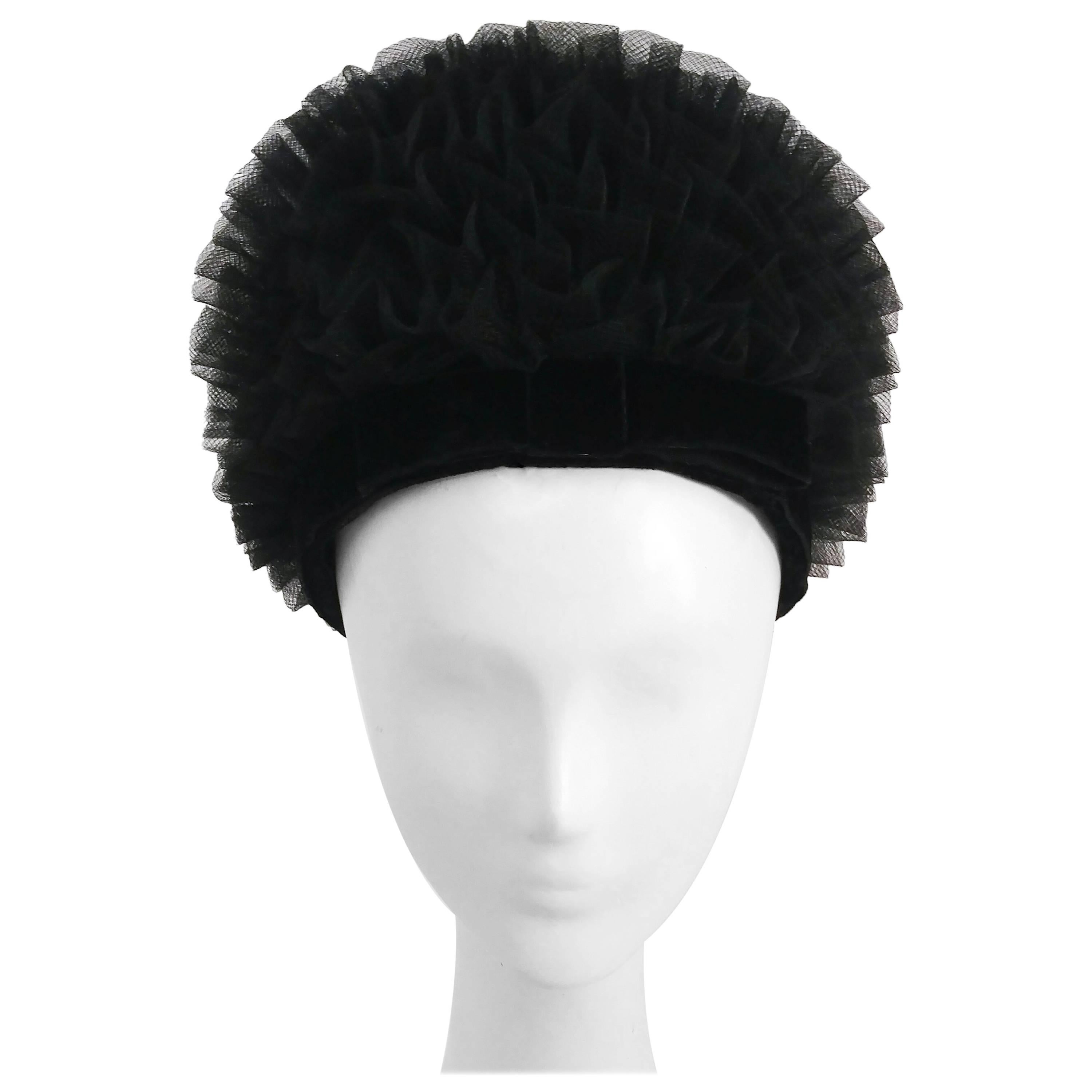 1960s Black Tulle Ruffled Hat w/ Velvet Front Bow For Sale