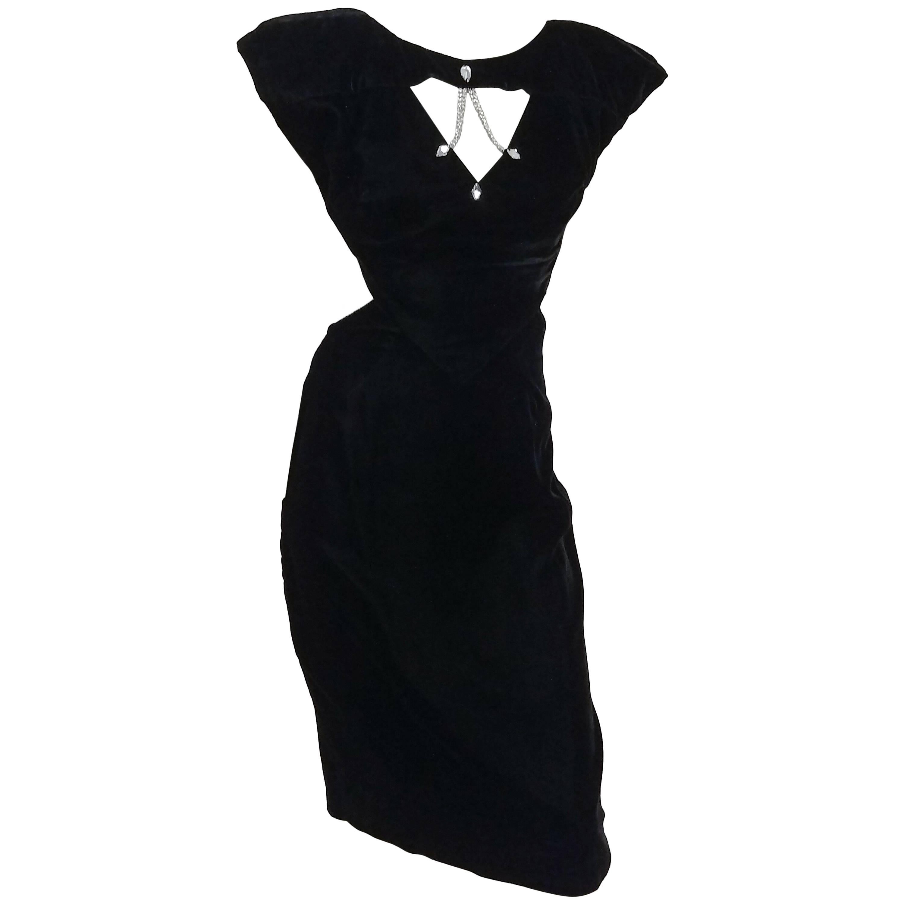 1980s Black Velvet Open Back Cocktail Dress  For Sale