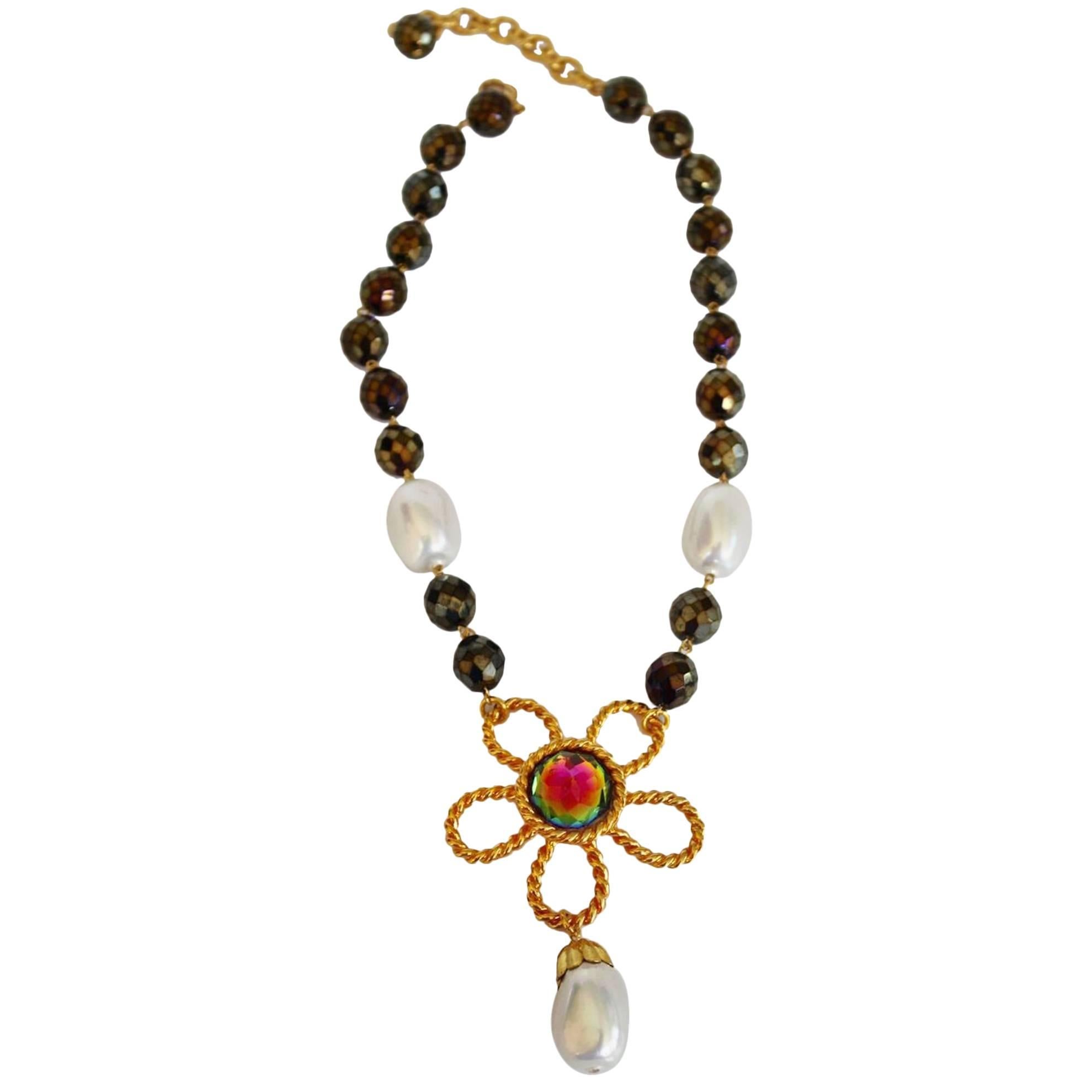 Francoise Montague Pyrite and Glass Pearl Drop Necklace