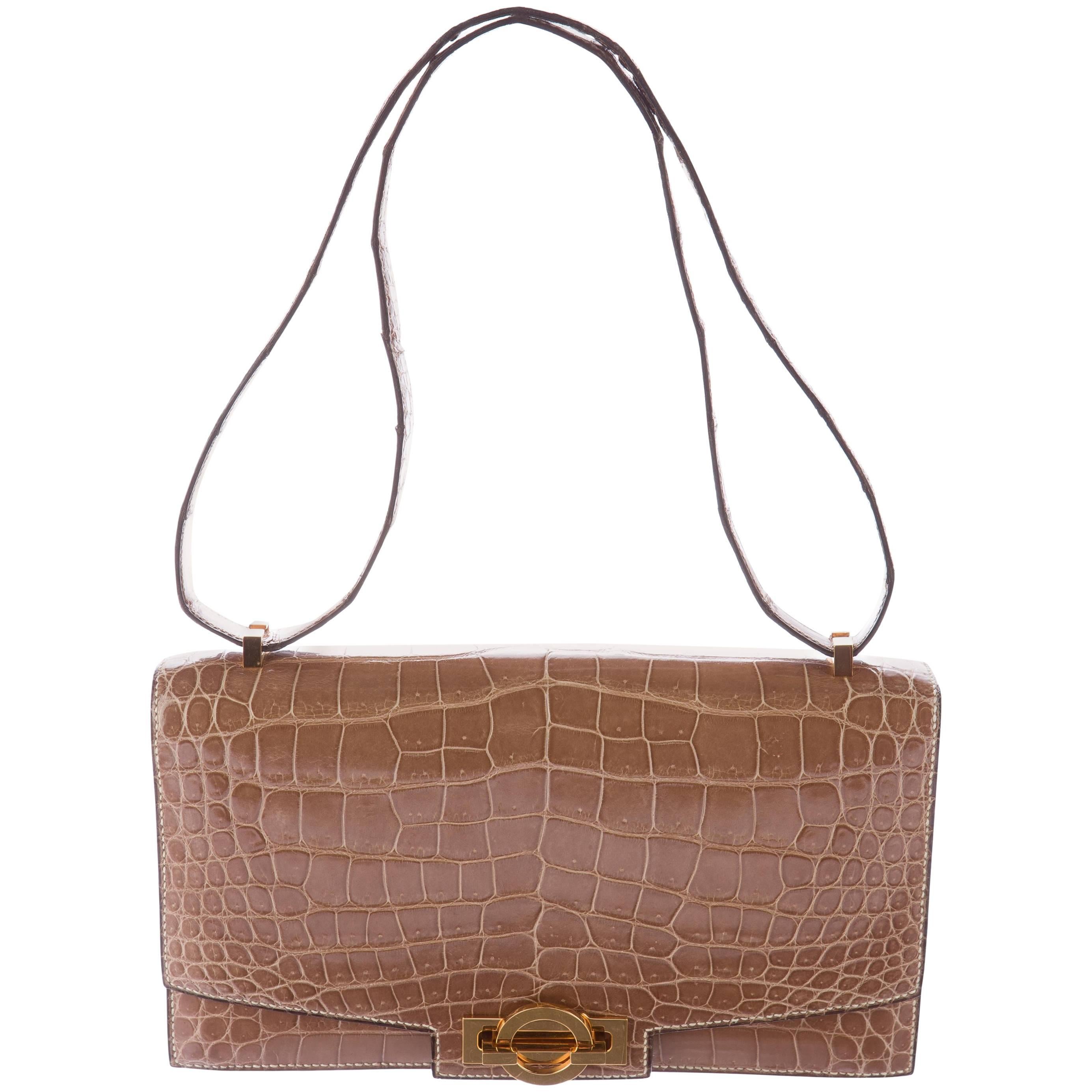 Hermes Cognac Crocodile Exotic Leather Kelly Top Handle Shoulder Flap Bag