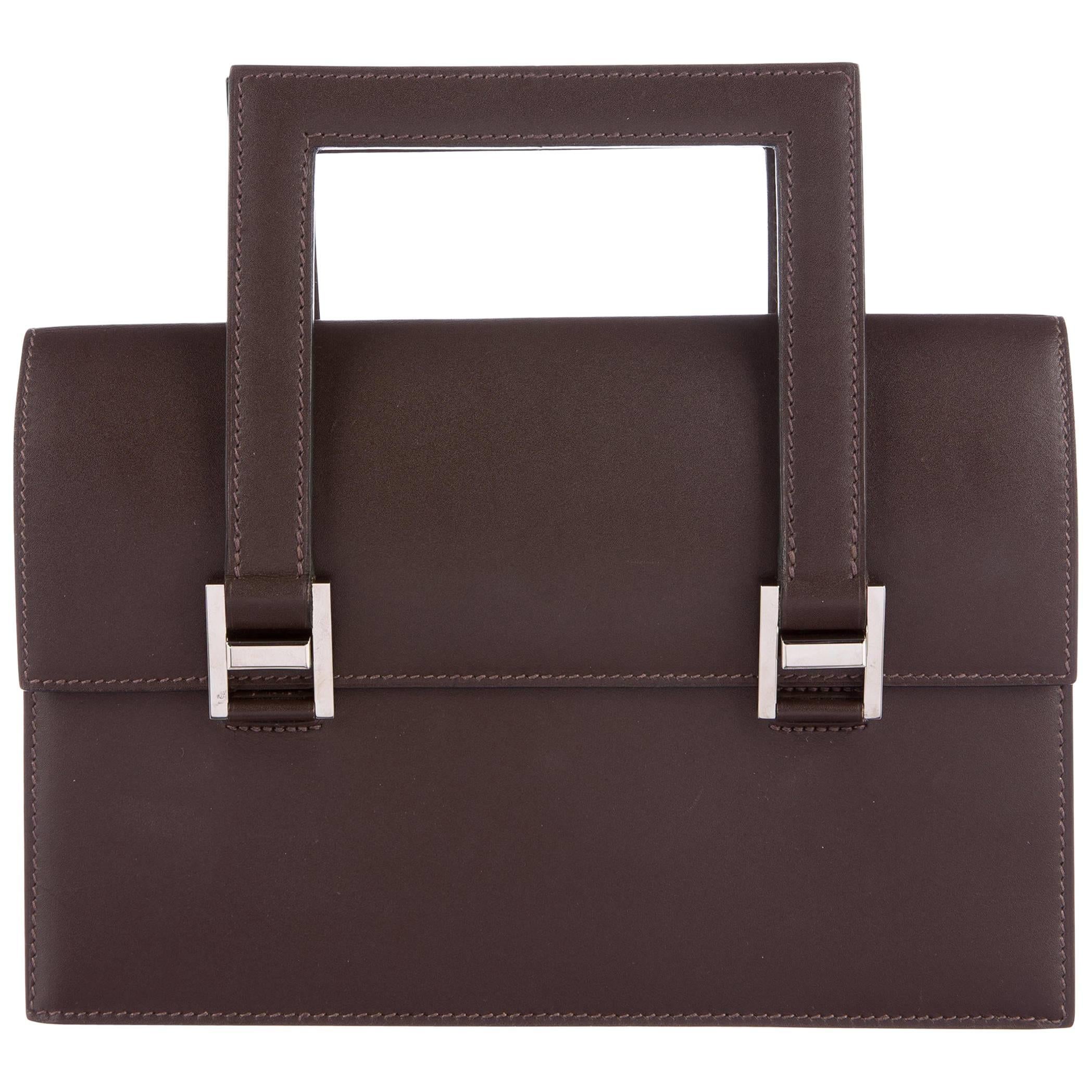 Hermes Brown Leather H Buckles Evening Top Handle Satchel Bag