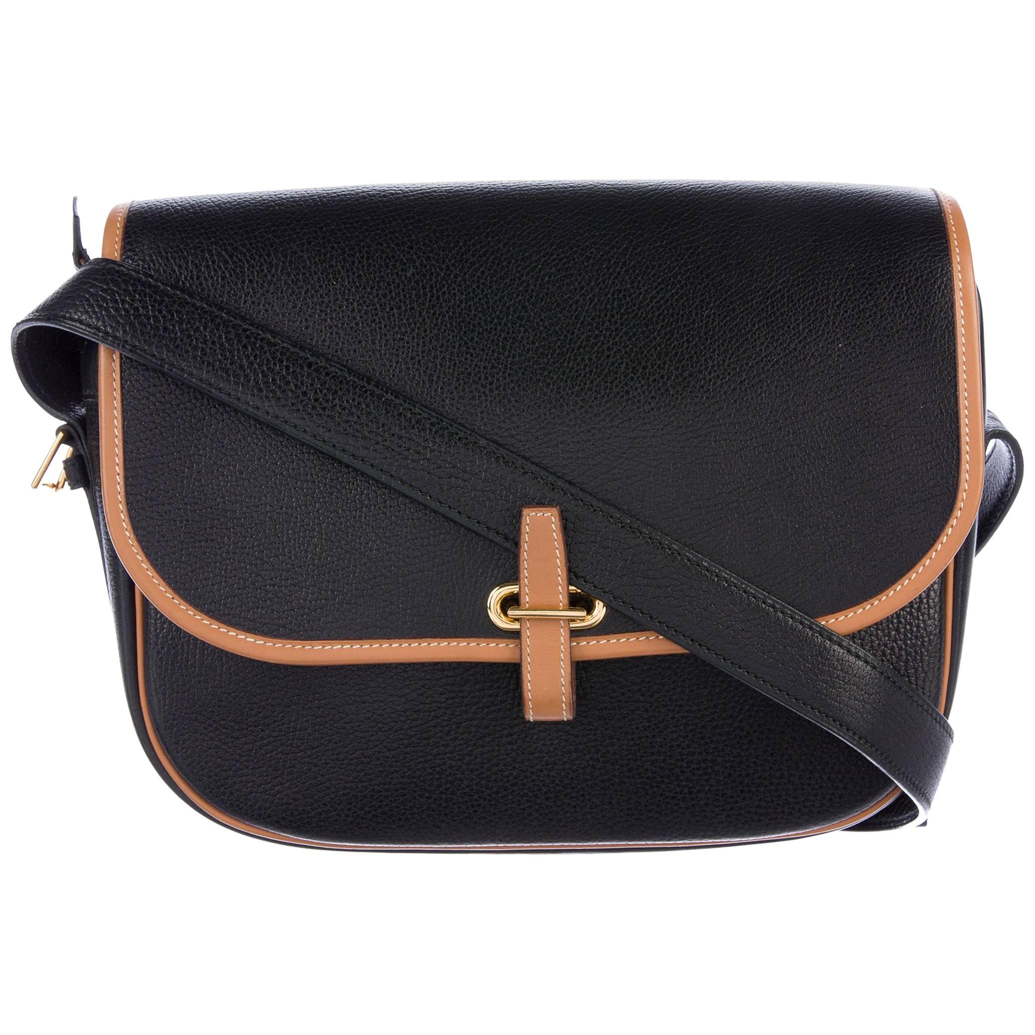 Hermes Black Leather Tan Trim Gold Saddle Shoulder Flap Bag