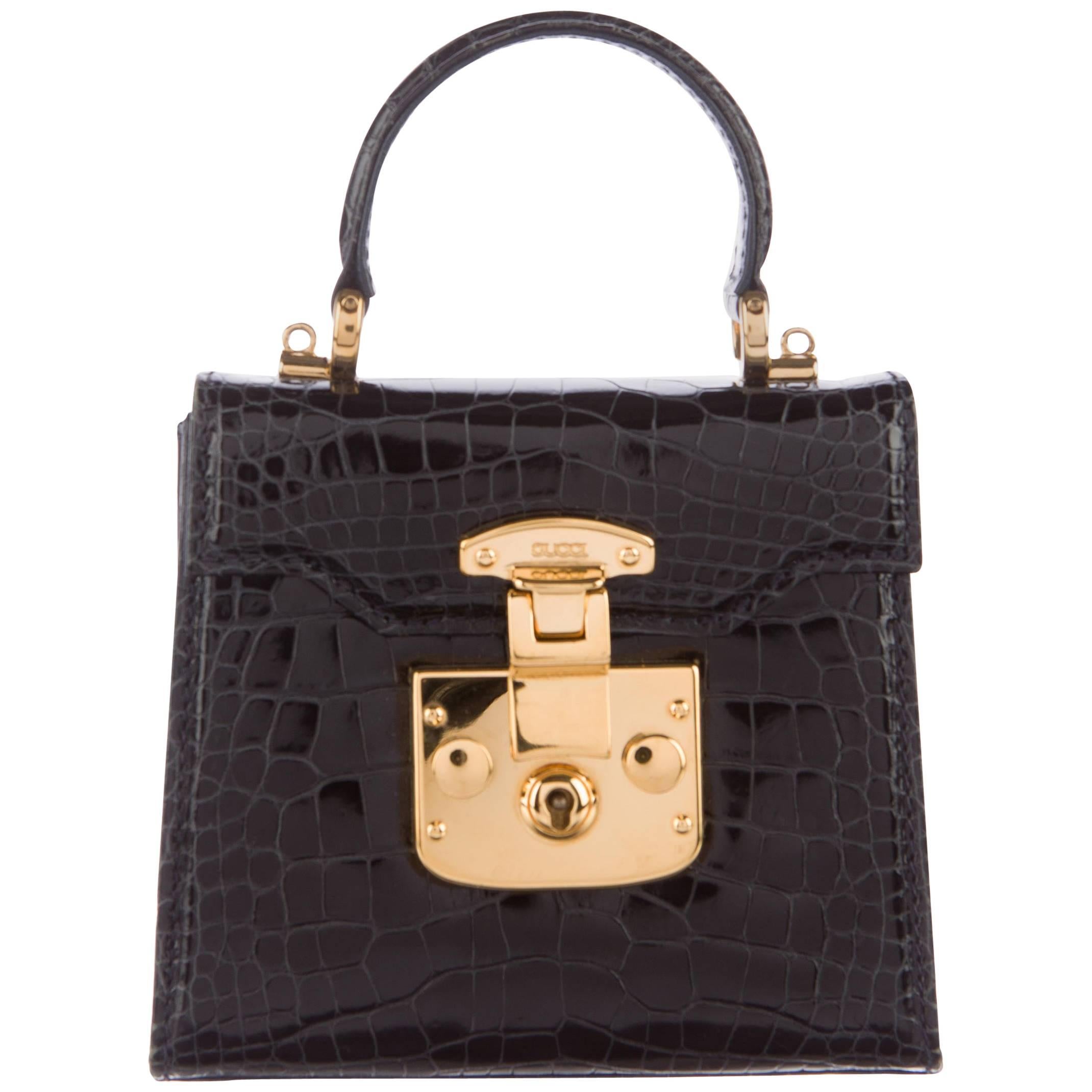 Gucci Crocodile Leather Gold Kelly Style Evening Top Handle Satchel Shoulder Bag