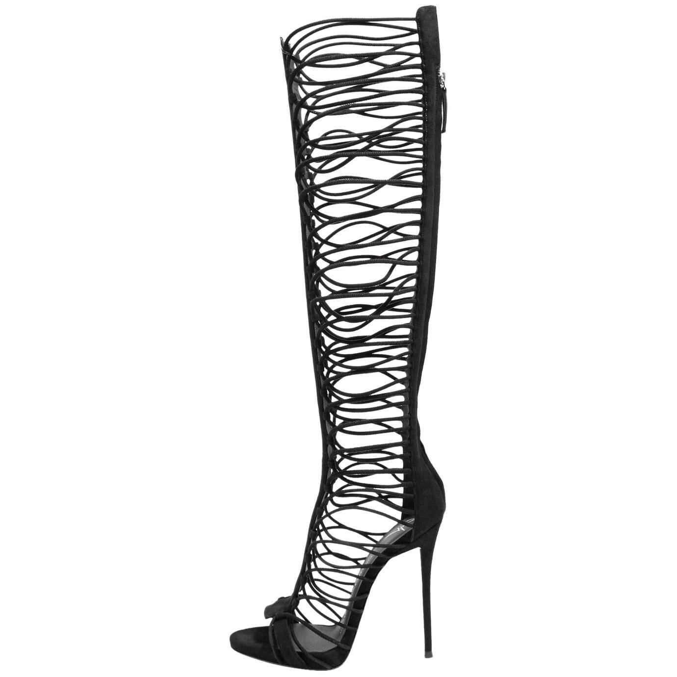 Giuseppe Zanotti New Black Suede Cut Out Knee High Boots W/Box