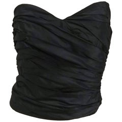 1980s Ruched Black Silk Taffeta Bustier