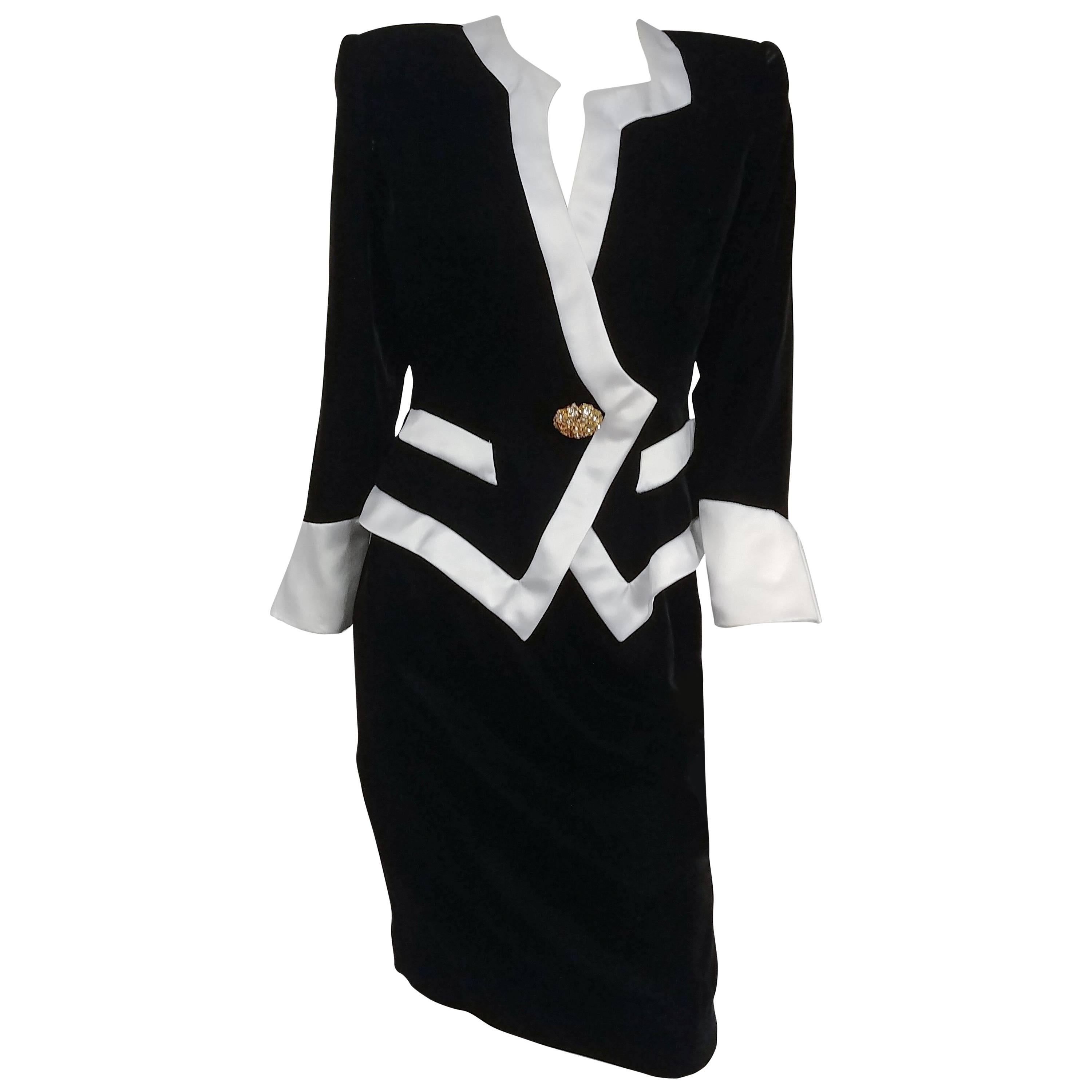 1980s Lilli Rubin Black Velvet Jacket & Skirt Suit Set w/ White Satin Trim For Sale