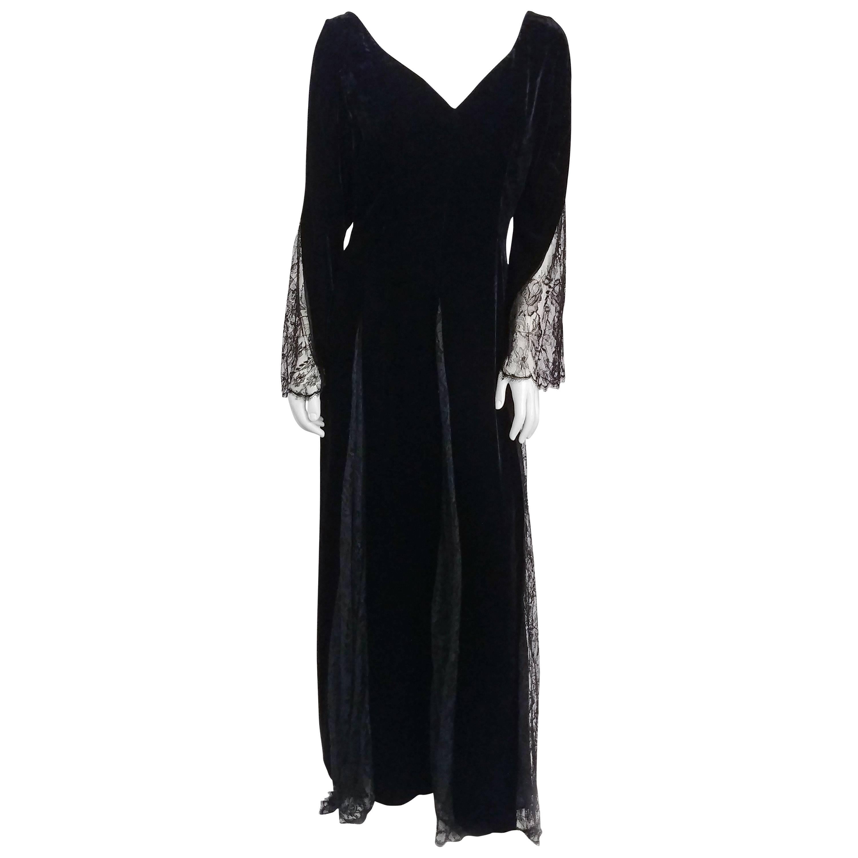 1980s Bill Blass Black Velvet Gown w/ Lace Detail For Sale