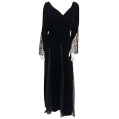 1980s Bill Blass Black Velvet Gown w/ Lace Detail