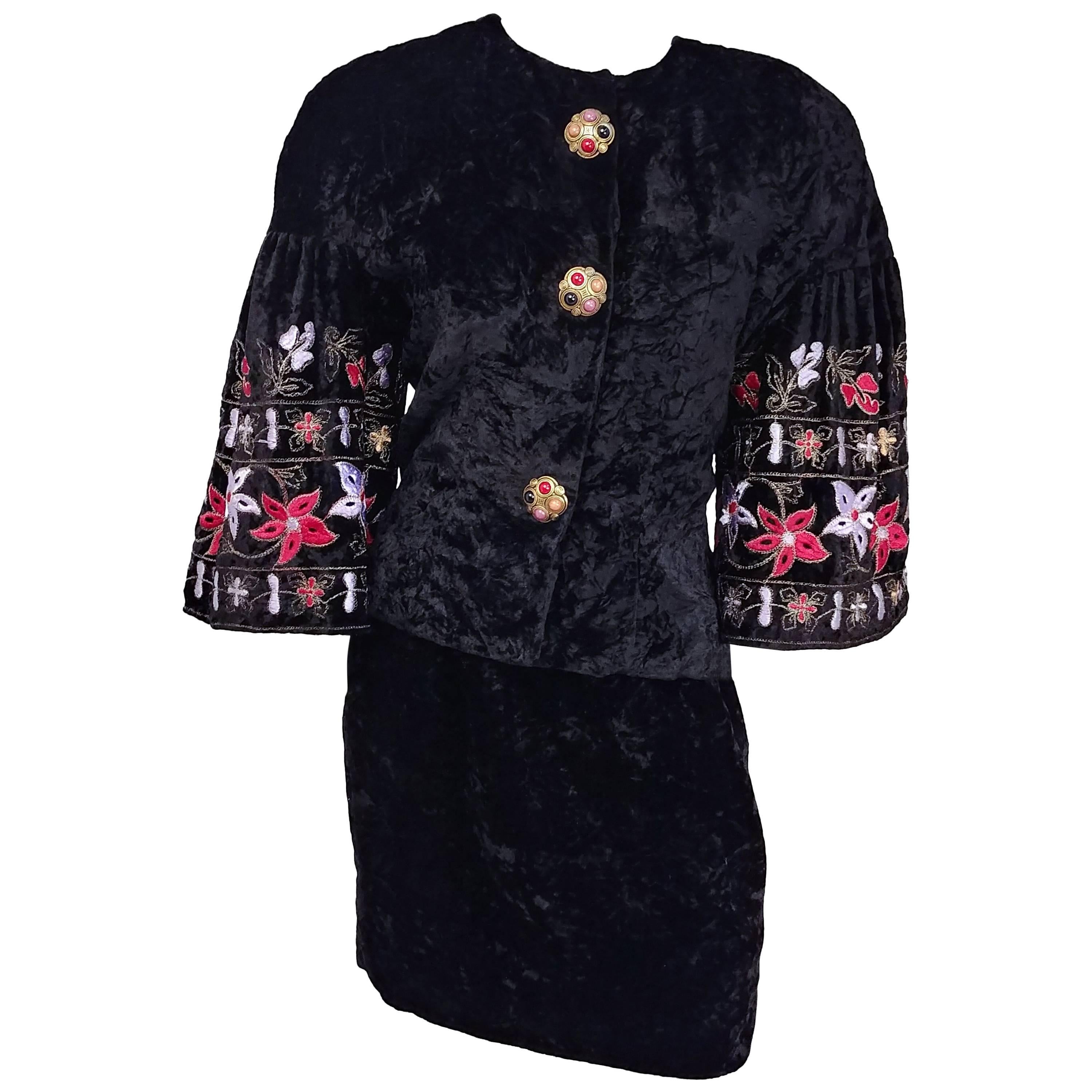 1980s Victor Costa Black Crushed Velvet Suit Set w/ Embroidered Flower Sleeves