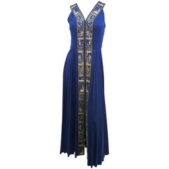 1970s Shaheen Navy Jersey Dress w/ Egyptian Trim