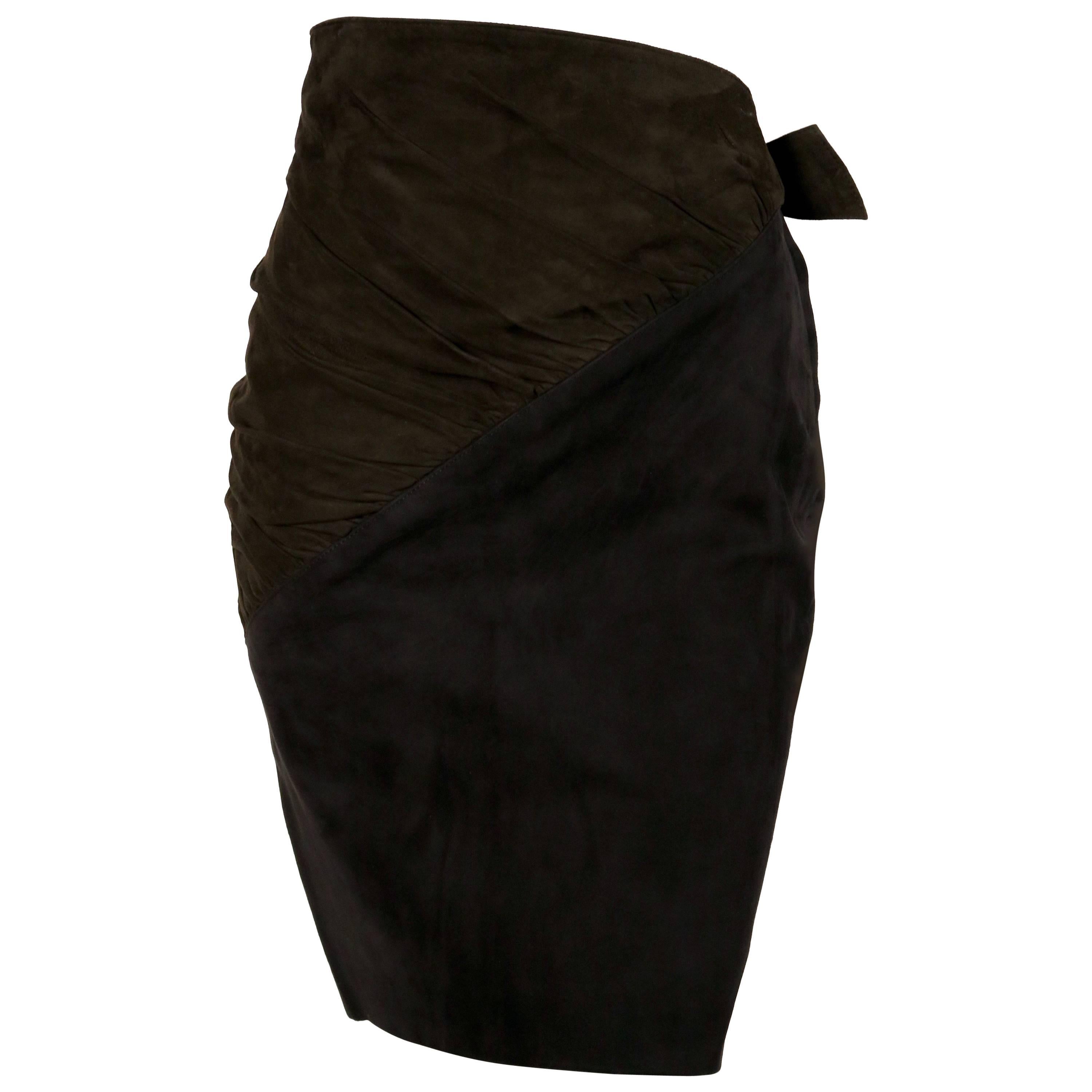 1990 AZZEDINE ALAIA olive and black suede skirt with ruching and buckle