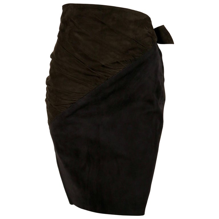 1990's AZZEDINE ALAIA olive and black suede skirt with ruching and ...
