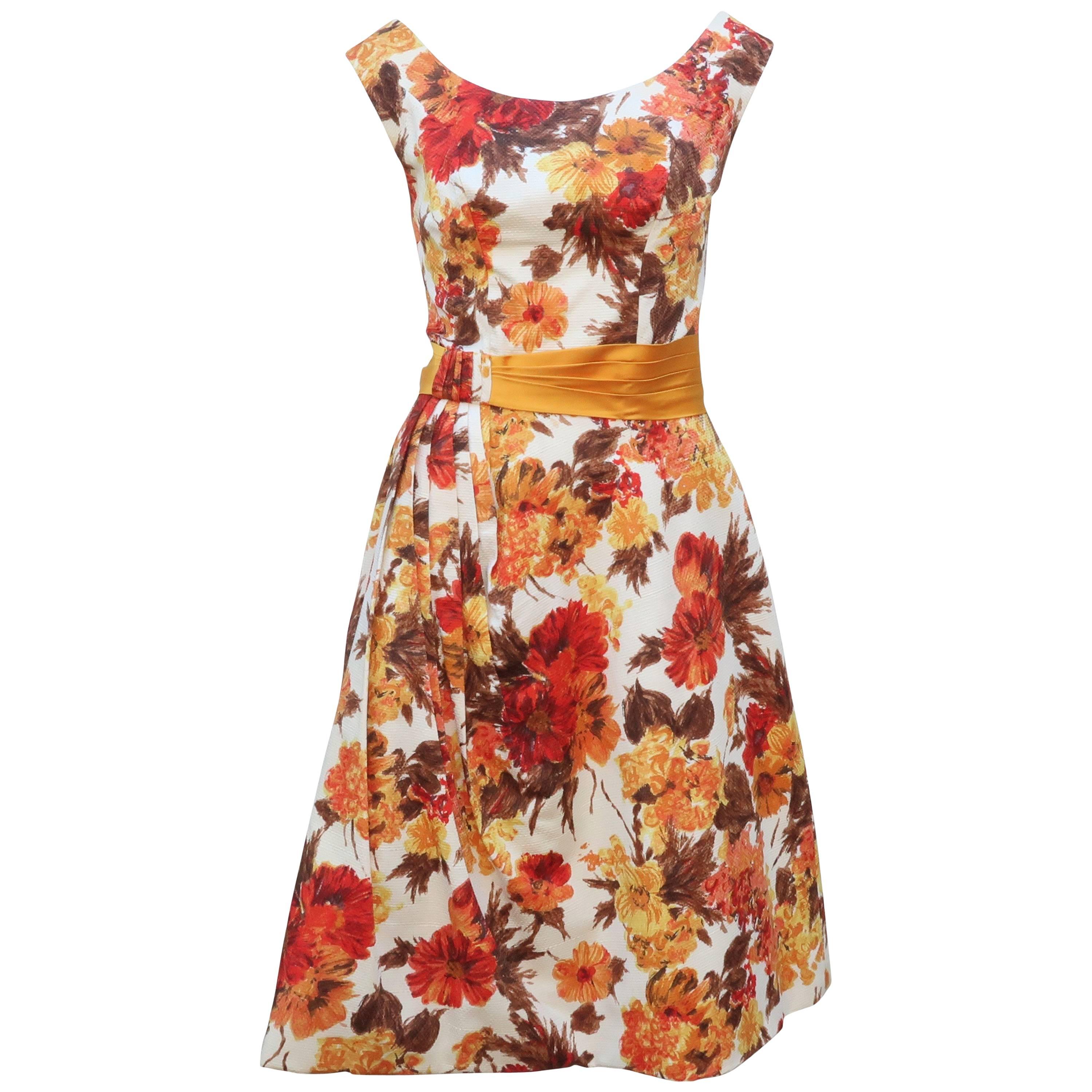 Autumnal 1950's Kay Selig Cotton Pique Floral Party Dress