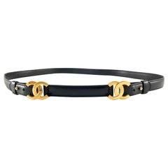 Chanel Navy Blue Leather and Gilt Logo Thin Belt