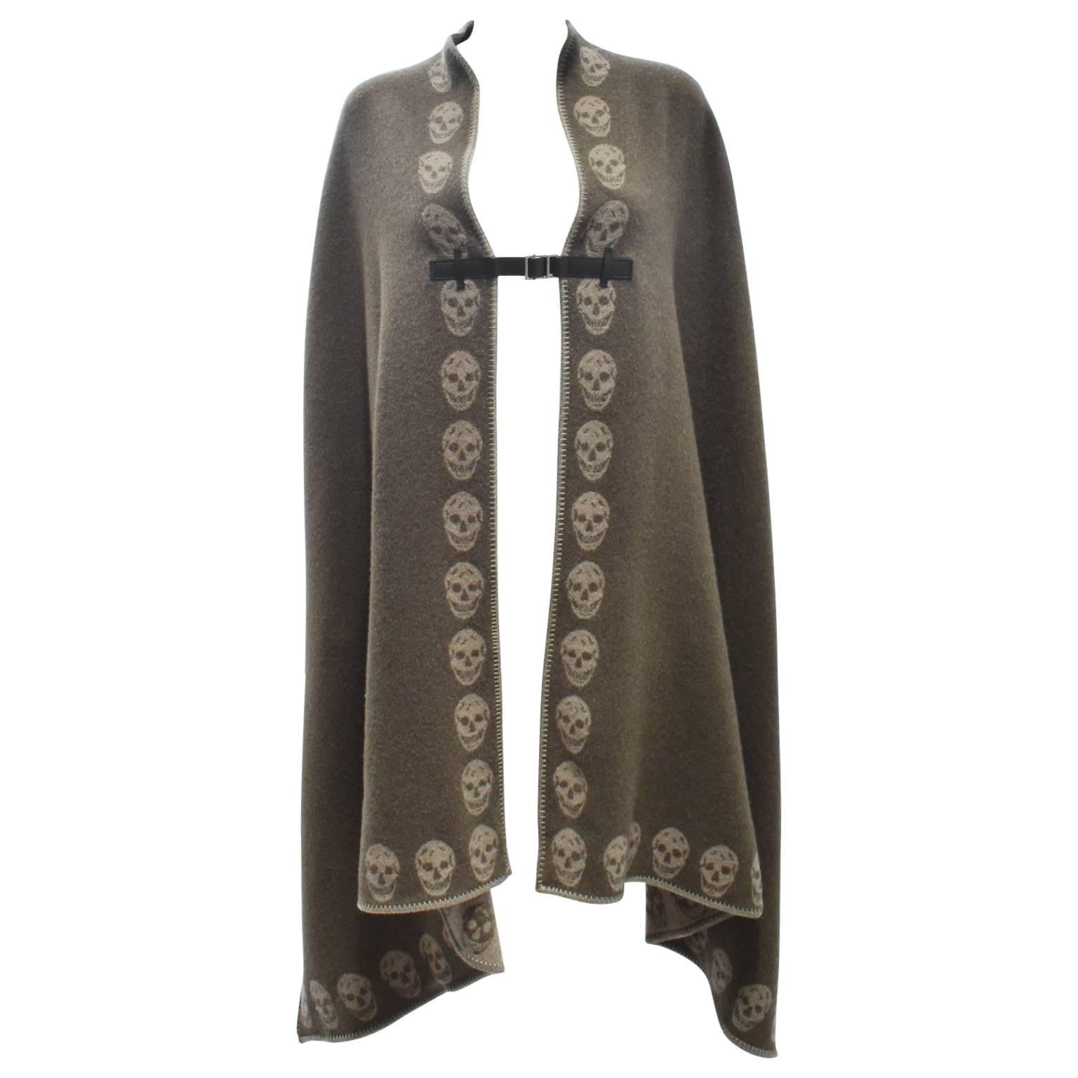 Alexander McQueen Khaki Cashmere Blanket Poncho with Skulls and Leather Buckle