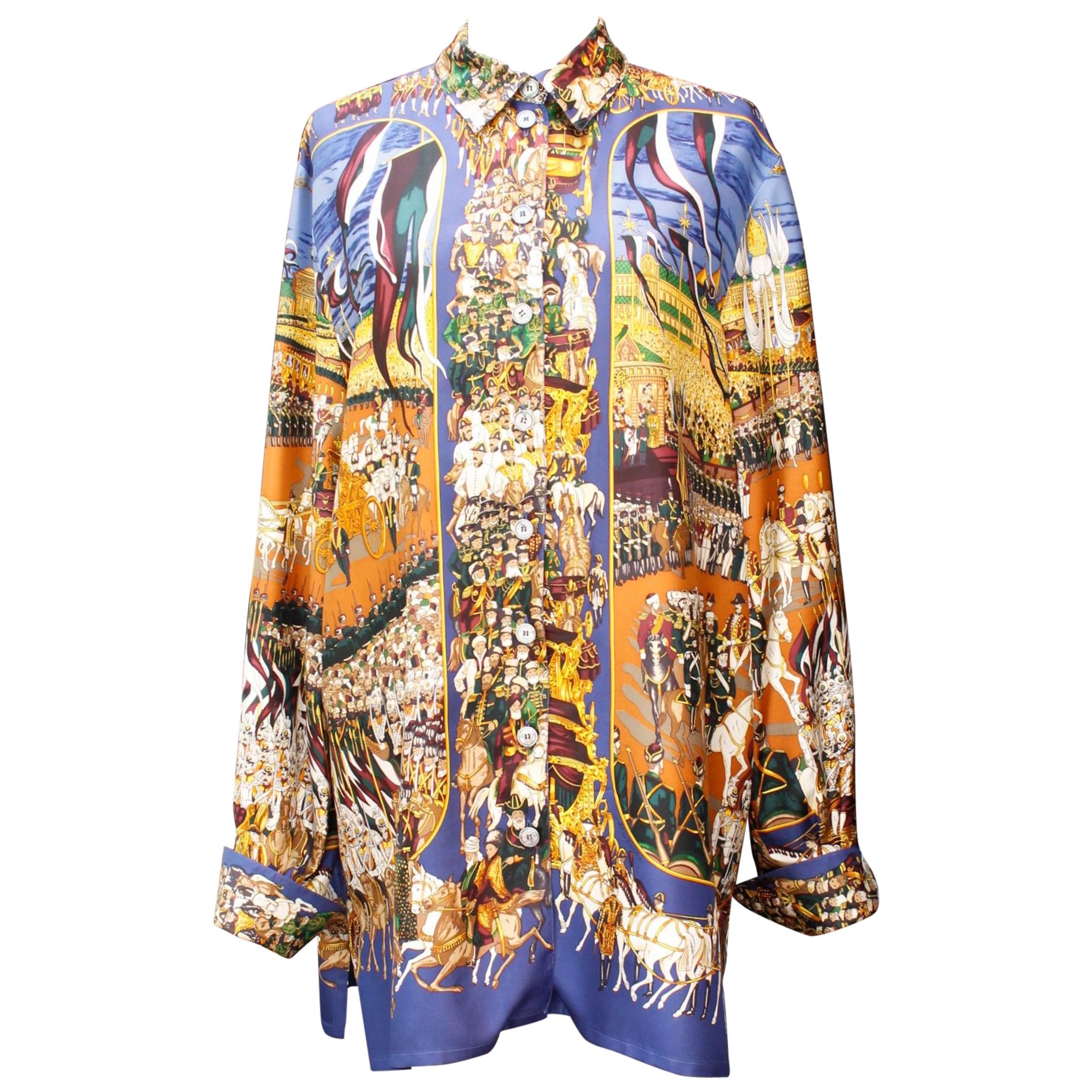 1990s Hermès “Grand cortège à Moscou” by Michel Duchene silk blouse
