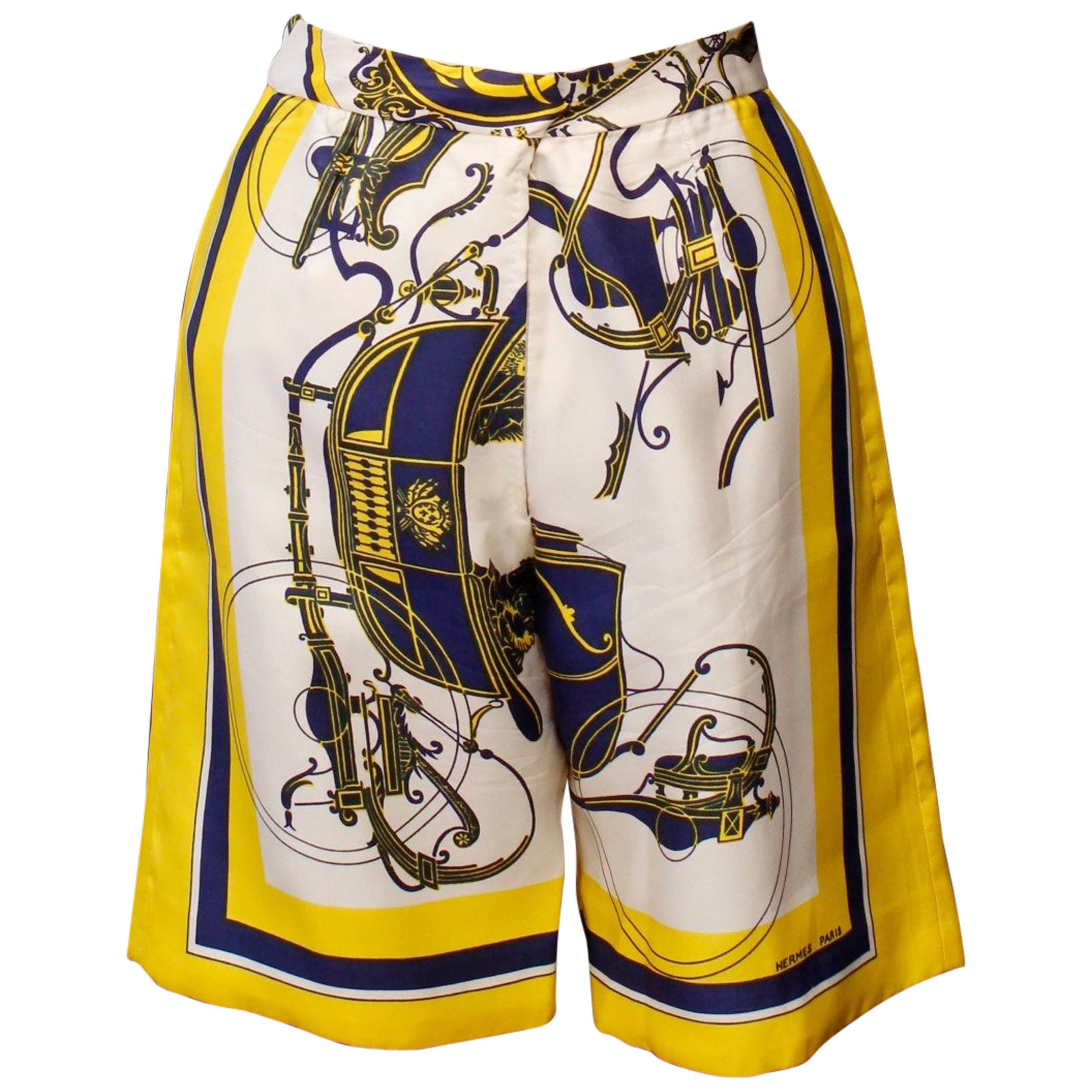 Hermès yellow, blue and white silk Bermuda shorts For Sale