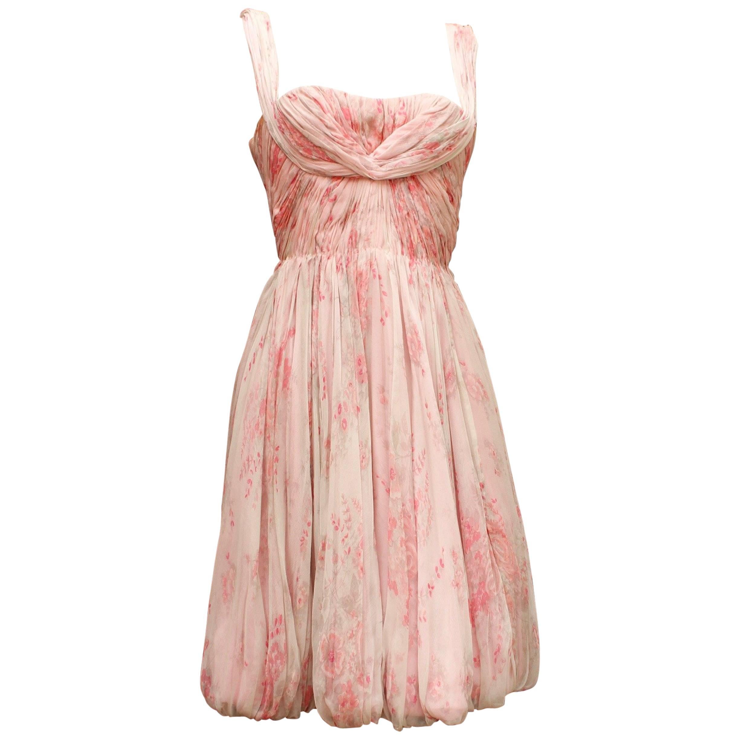 1960s, Carven Haute Couture bustier cocktail dress made of floral silk chiffon