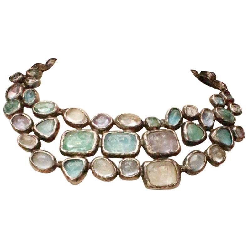 Chanel silver plated breastplate necklace with pastel color cabochons, 1998  For Sale