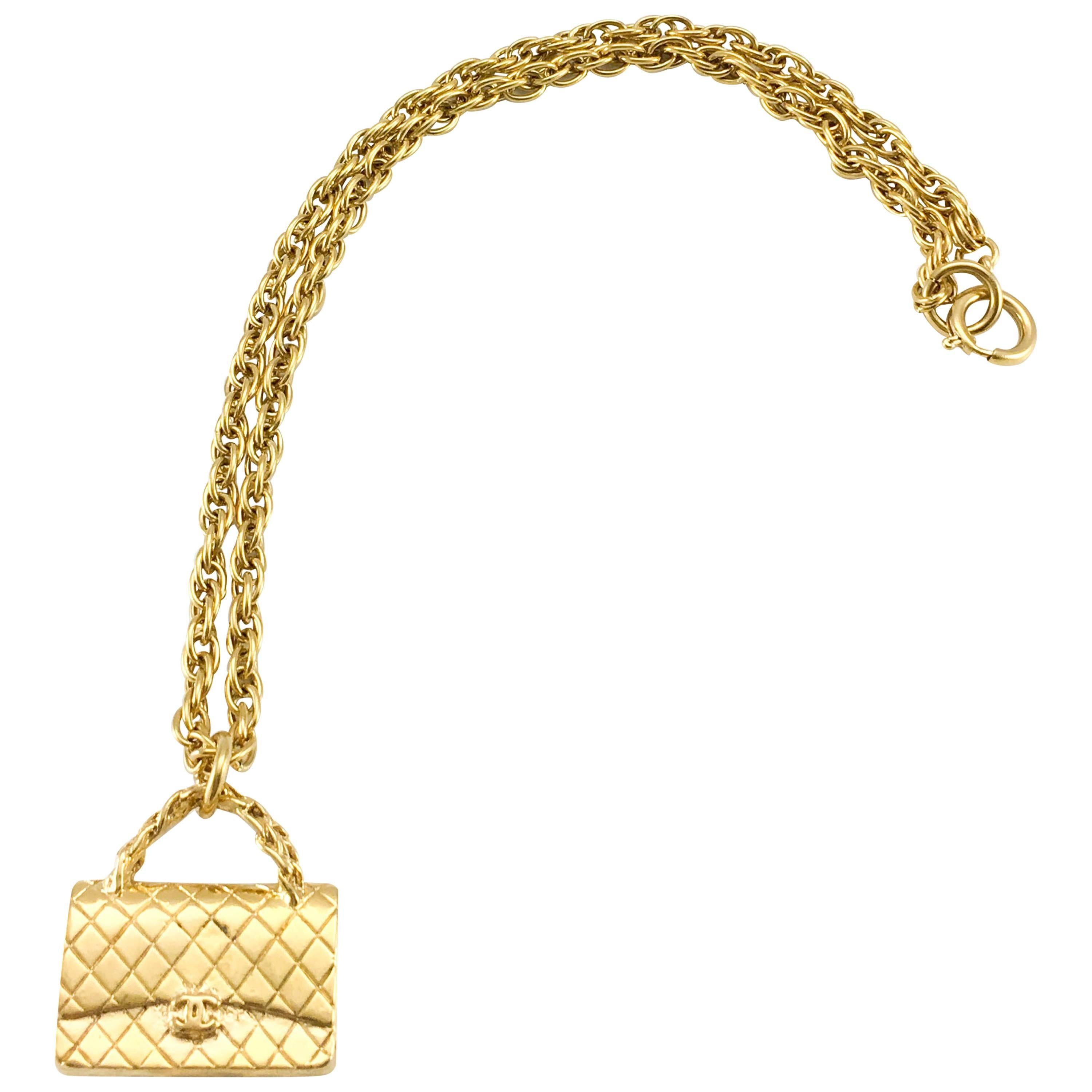 1994 Chanel Gold-Plated 2.55 Quilted Handbag Pendant Necklace For Sale
