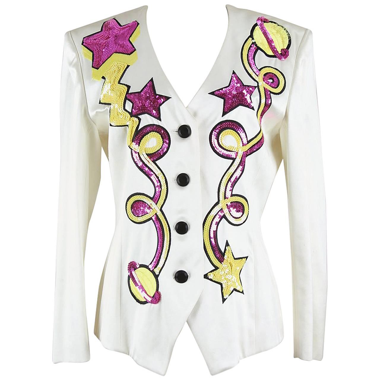 Escada 1980s Off-White Star Motif Sequin Silk Satin Evening Jacket “Hello Angel“