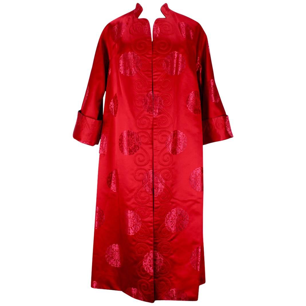 Japanese-Inspired Reversible Red Jacquard Black Satin Evening Coat, 1970s 