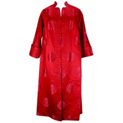 Retro Japanese-Inspired Reversible Red Jacquard Black Satin Evening Coat, 1970s 
