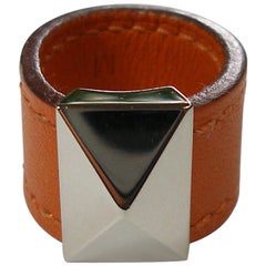 RARE Hermès Médor Scarf Ring Orange Box Leather And Palladium Size 8/9 us