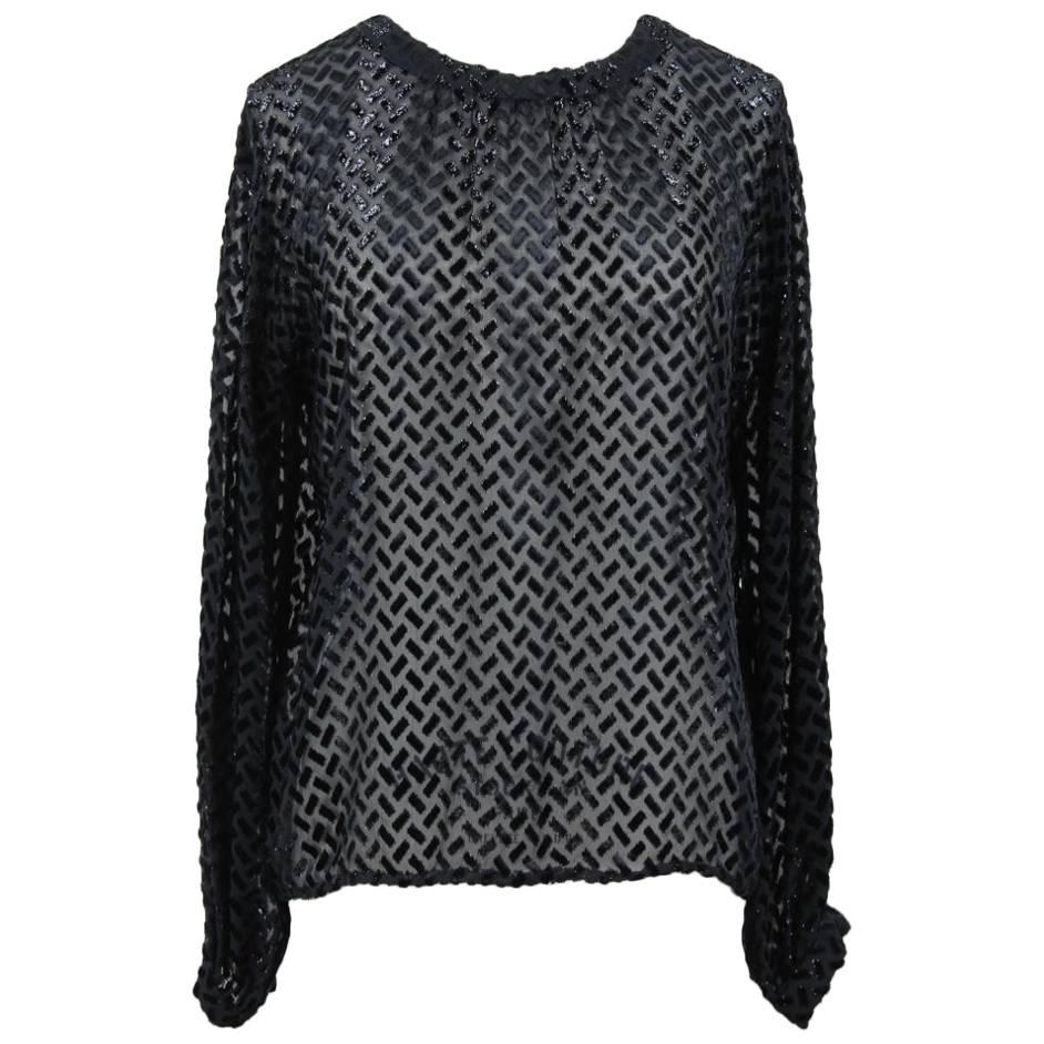 Nina Ricci Haute Boutique Paris Schwarze durchsichtige Devoré-Bluse aus Seide, 1970er Jahre im Angebot
