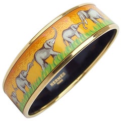 Hermes Enamel Printed Bracelet Elephants Grazing Gold Hardware Size 65