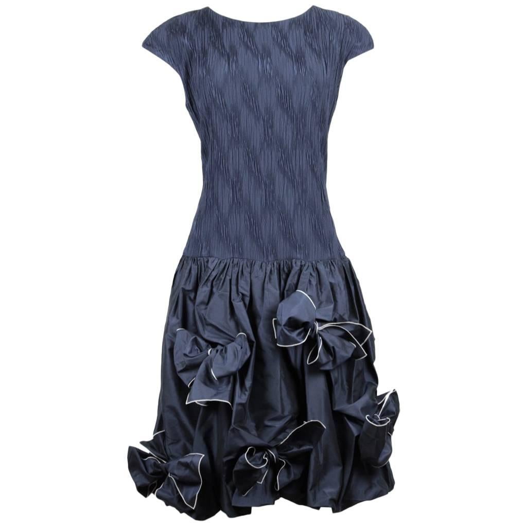 Louis Féraud Navy Silk Cocktail Dress With Bubble Skirt And Bow Detailing, 1980s For Sale