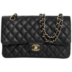 Chanel Black Quilted Caviar 10" Double Flap Classic Bag with DB