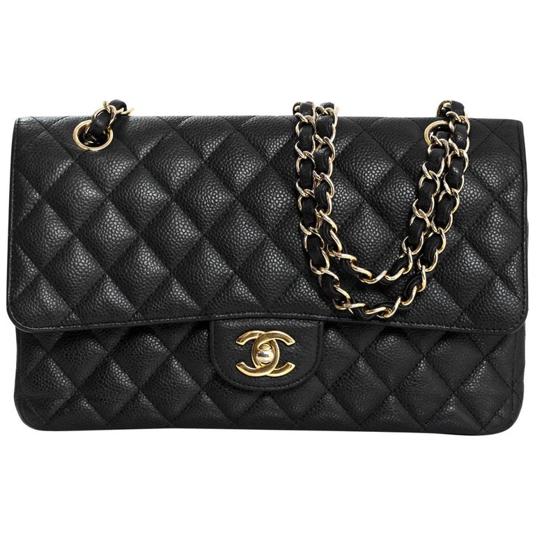 Chanel Black Quilted Caviar 10" Double Flap Classic Bag with DB