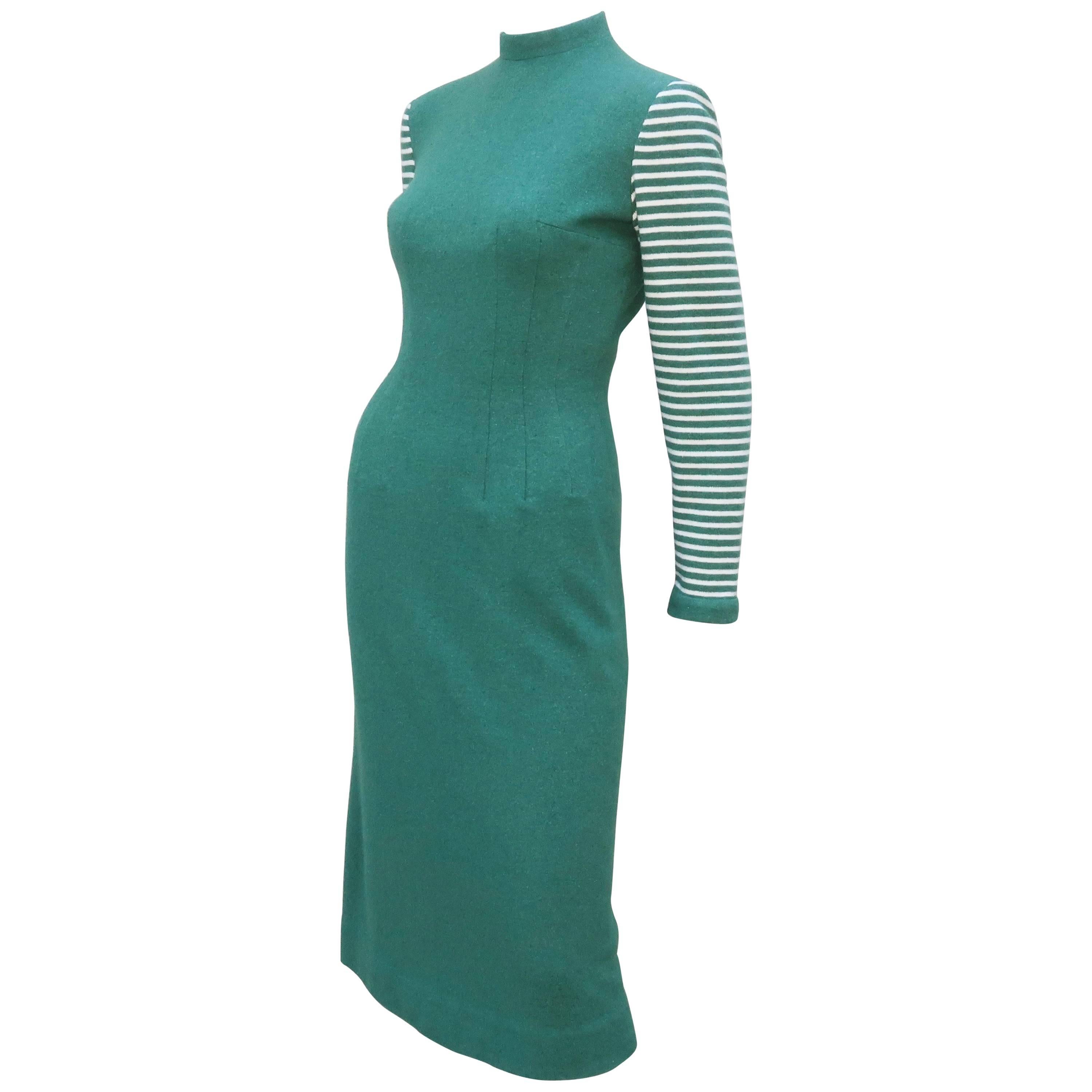 Adorable 1950's Anne Fogarty Green & White Wool Sweater Dress