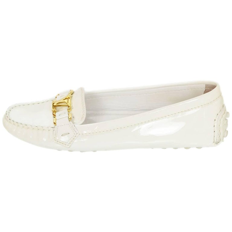 Louis Vuitton White Patent LV Driving Loafers Sz 39 with Box, DB For Sale  at 1stDibs