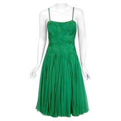 Retro 1960's Carven Couture Seafoam Green Ribbon Weave Silk Chiffon Full-Skirt Dress