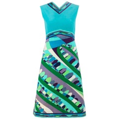 Vintage EMILIO PUCCI c.1960's Teal Multicolor Signature Op Art Velvet Print A-Line Dress