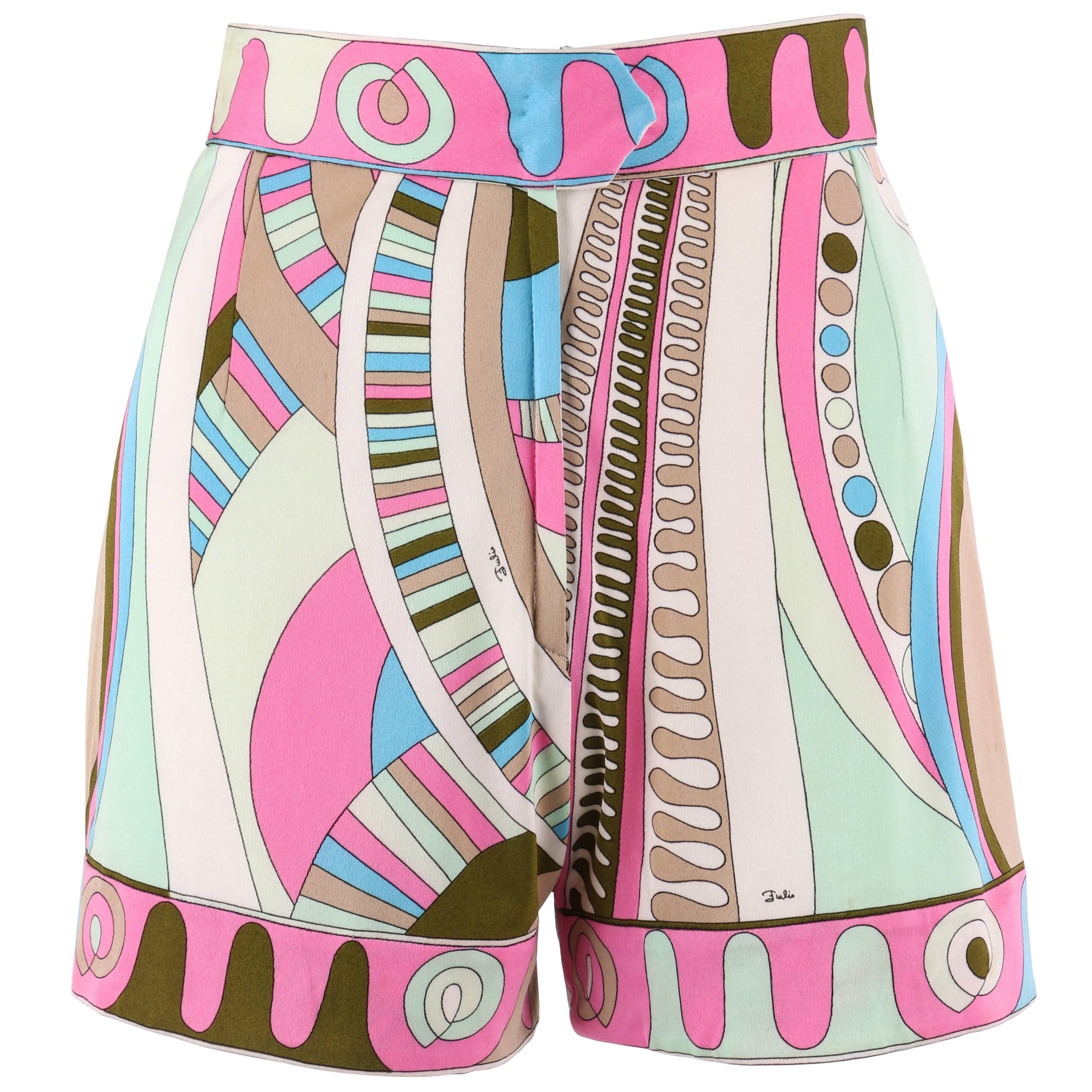 EMILIO PUCCI c.1970's Pink Multicolor Signature Op Art Print Silk Jersey Shorts