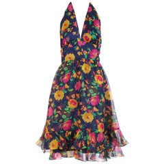 1970's Oscar de la Renta Floral Organza Multi-Layered Halter Day Dress