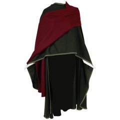 Vintage 1970's Rare Yves Saint Laurent YSL Green & Burgundy Wool Cape w/Woven Trim