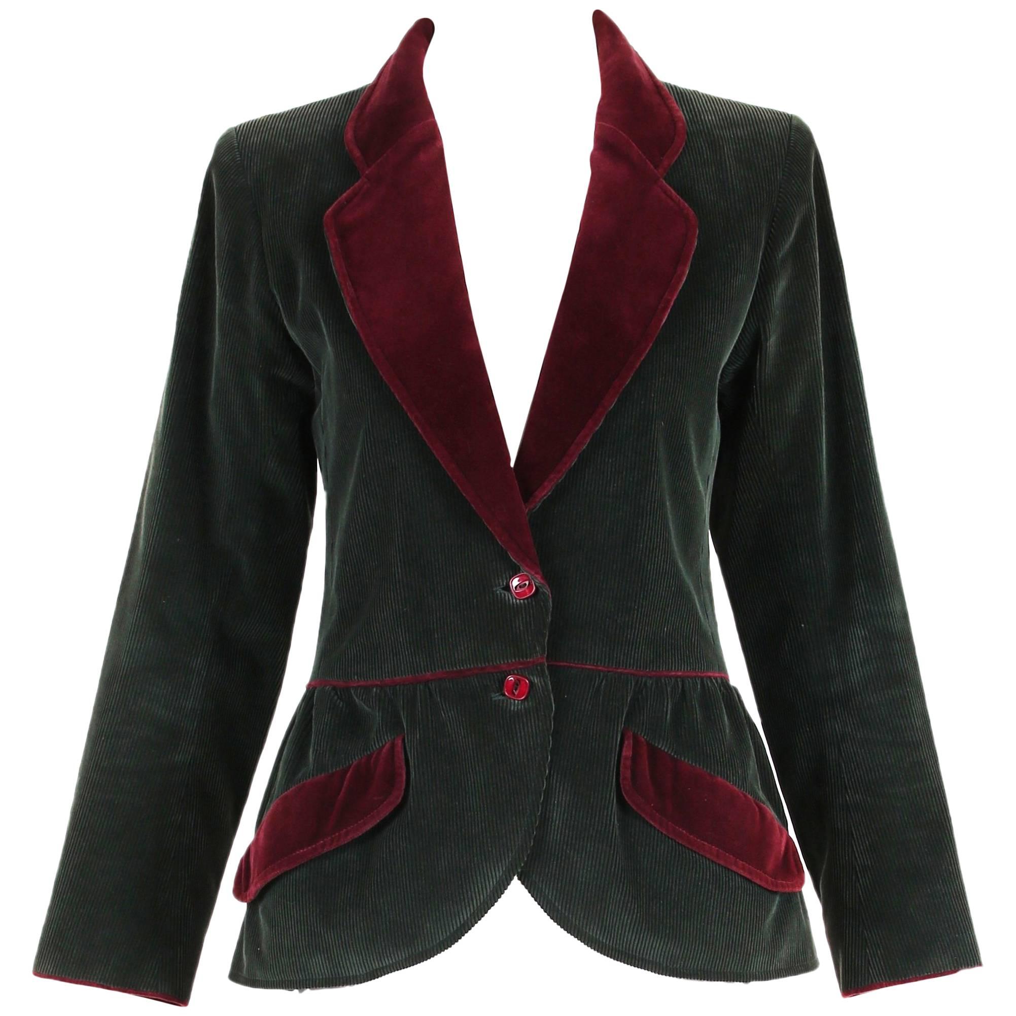 Yves Saint Laurent YSL Green Corduroy Jacket W/Burgundy Velvet Trim