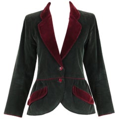 Vintage Yves Saint Laurent YSL Green Corduroy Jacket W/Burgundy Velvet Trim