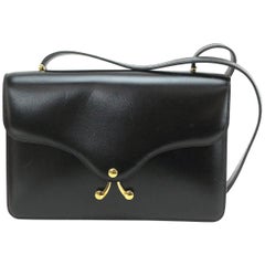 Hermes Black Leather Gold Emblem Envelope Shoulder Flap Bag
