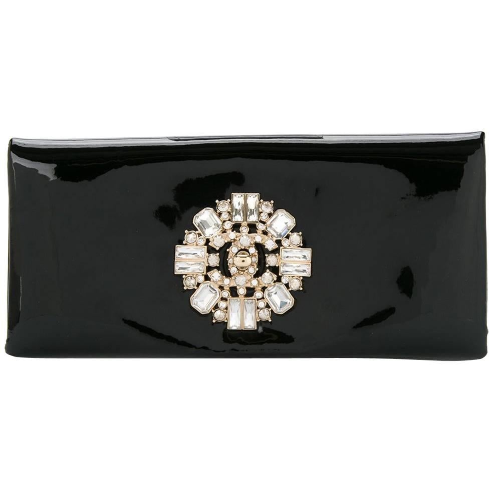 Chanel Black Patent Crystal Stone Evening Flap Clutch Bag W/Box