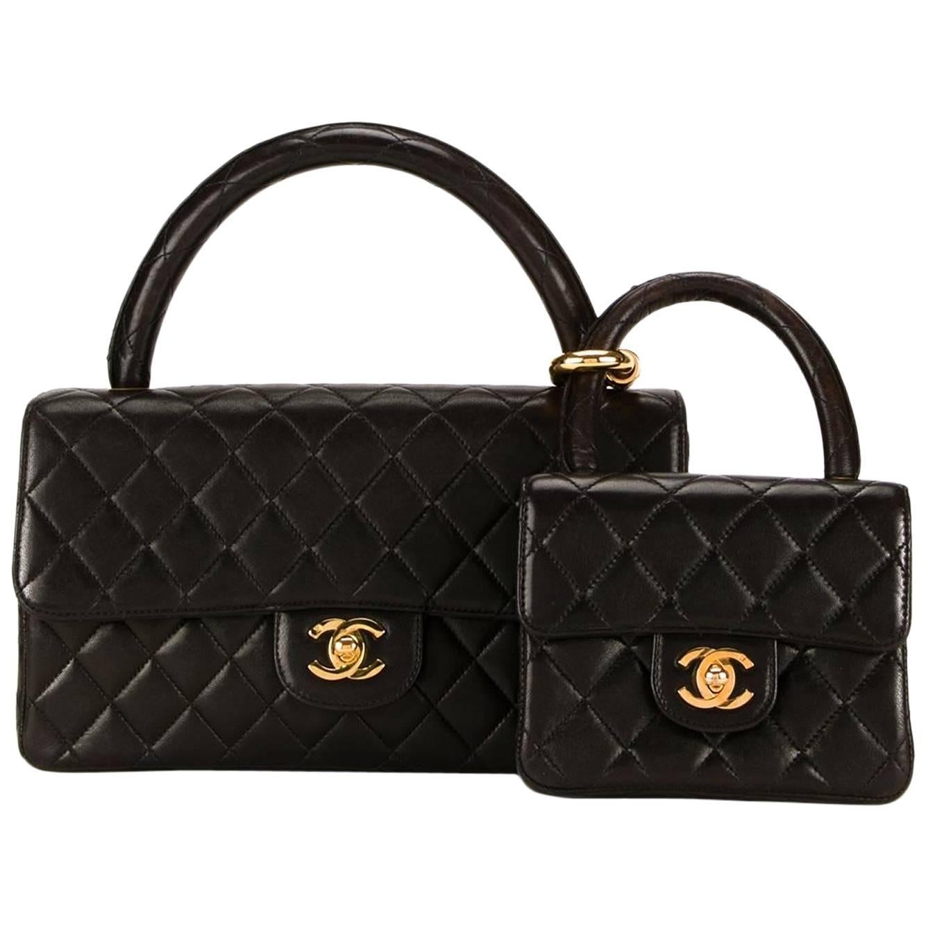 Chanel Black Lamb Kelly Style Satchel Small Medium Flap Bags