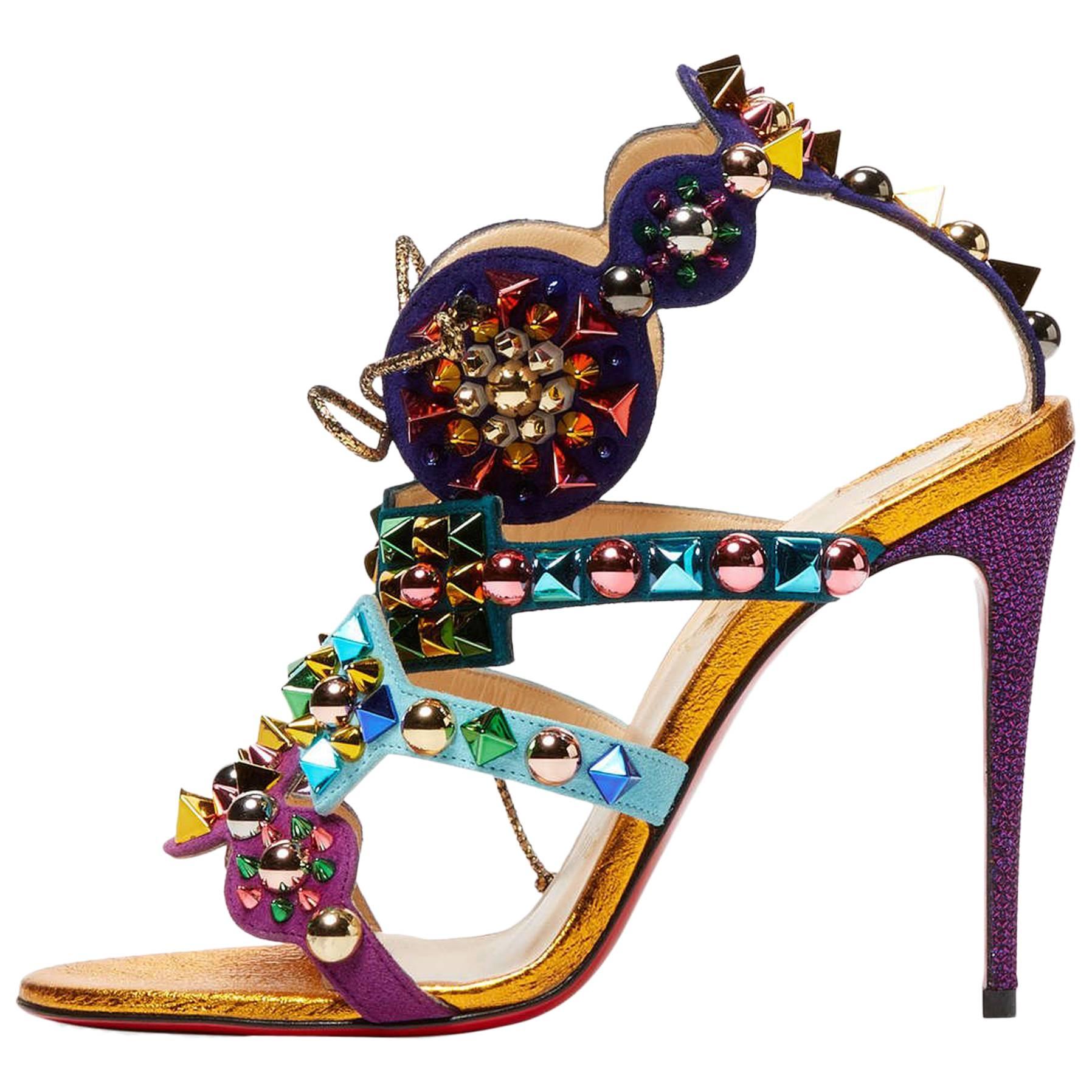 Christian Louboutin New Multi Color Gold Tribal High Heels Sandals in Box
