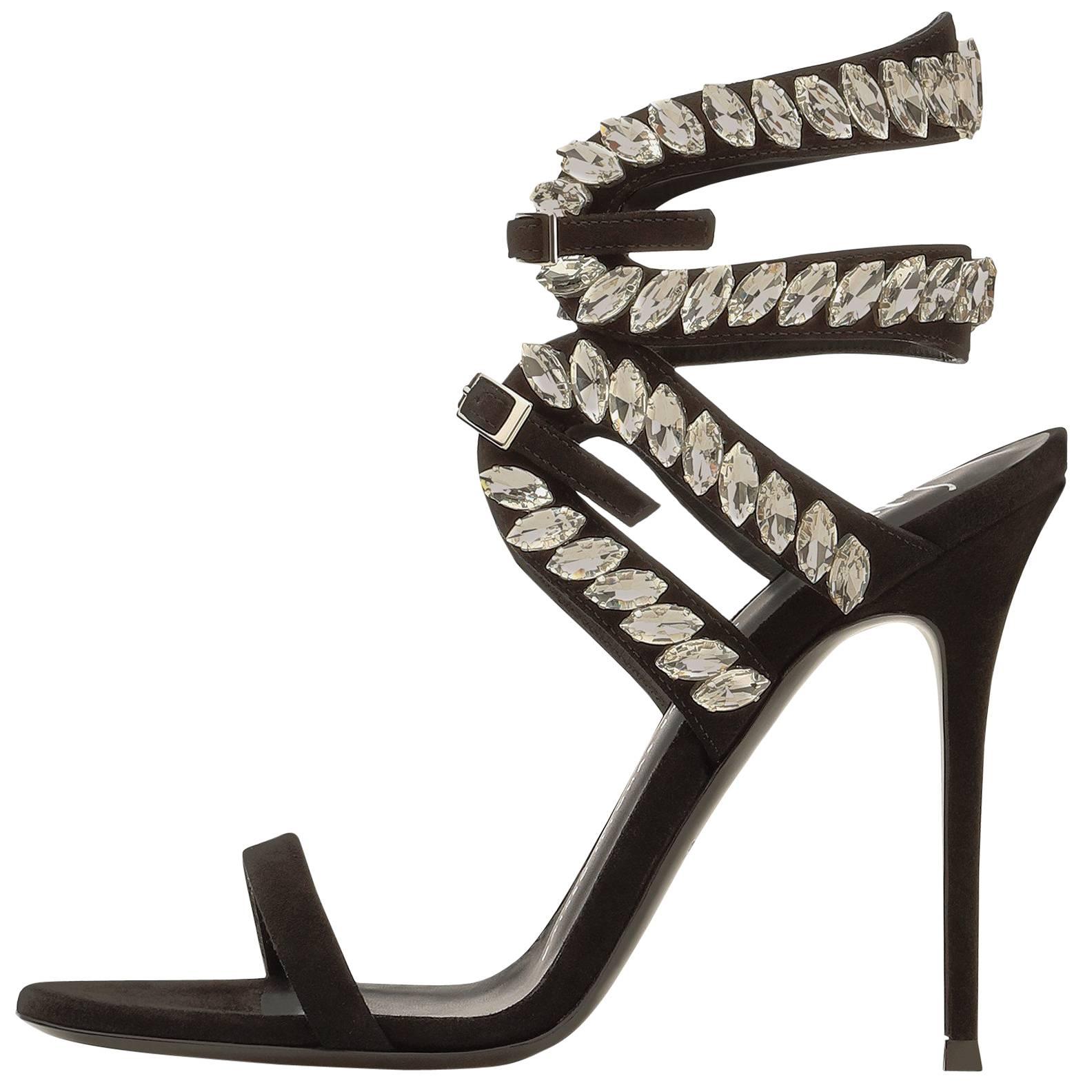 Giuseppe Zanotti New Black Suede Crystal Sandals Heels in Box 