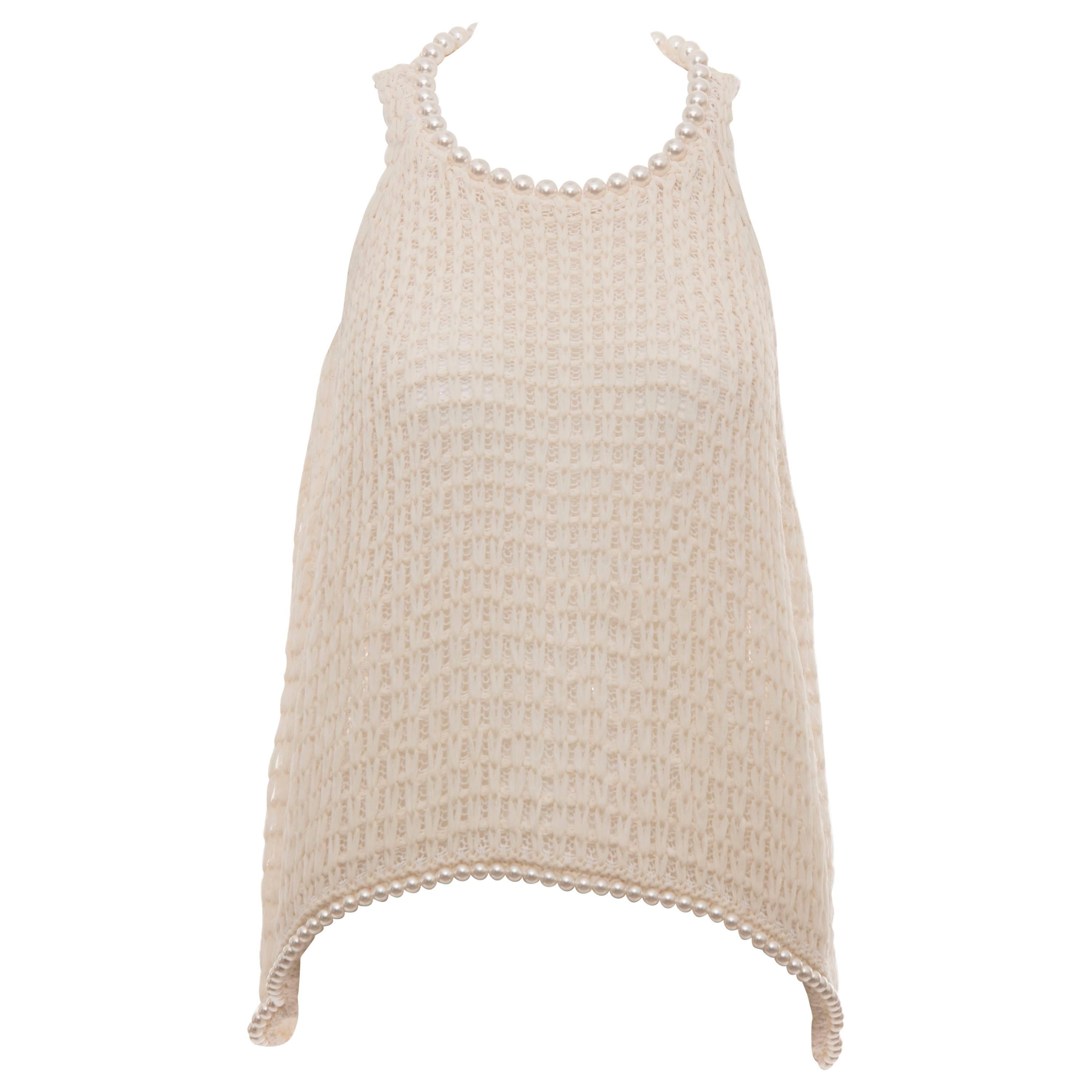 Chanel Cream Silk Blend Open Knit Top With Pearl Embellishments, Spring ...