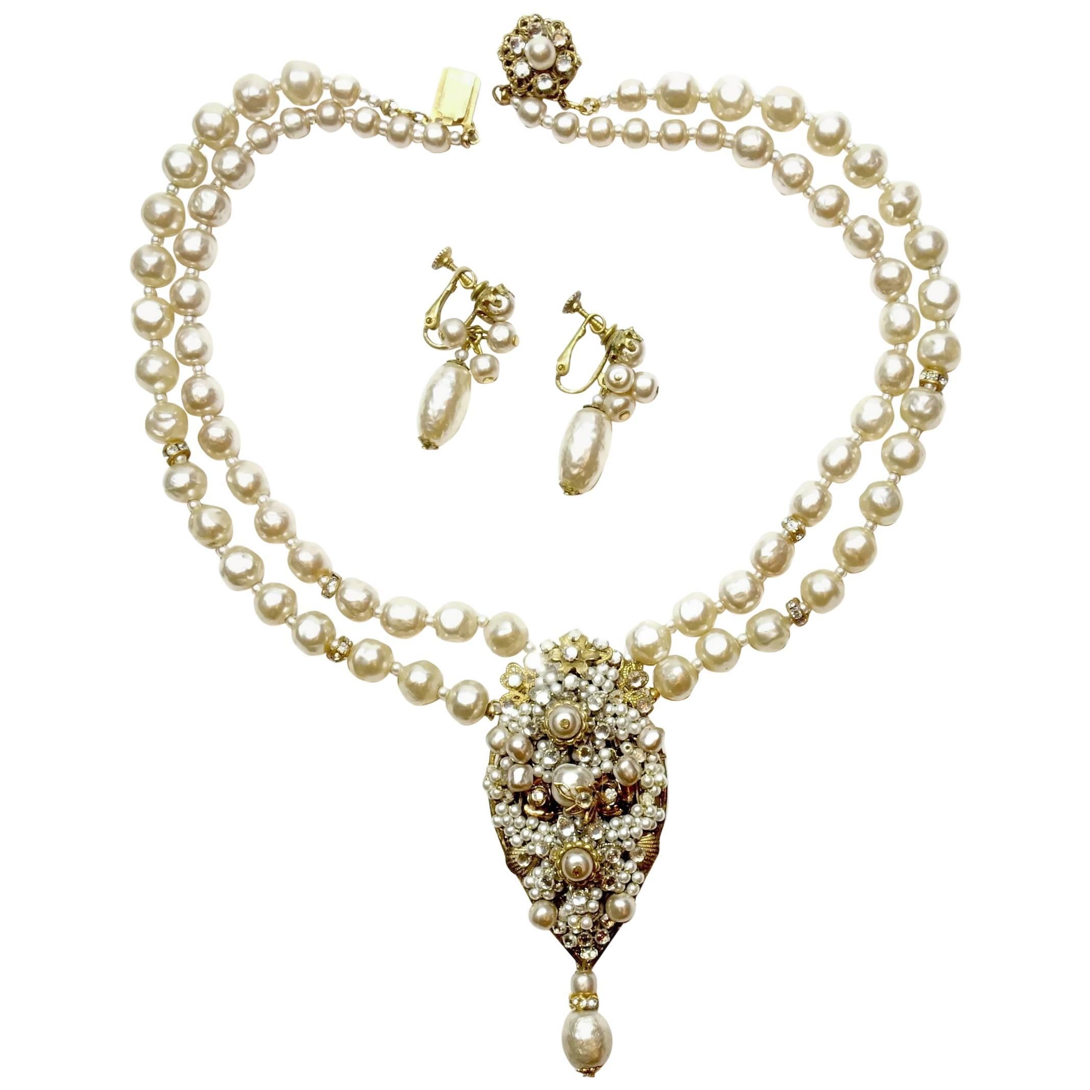Miriam Haskell Vintage Faux Pearl Drop Necklace And Earrings Set For Sale