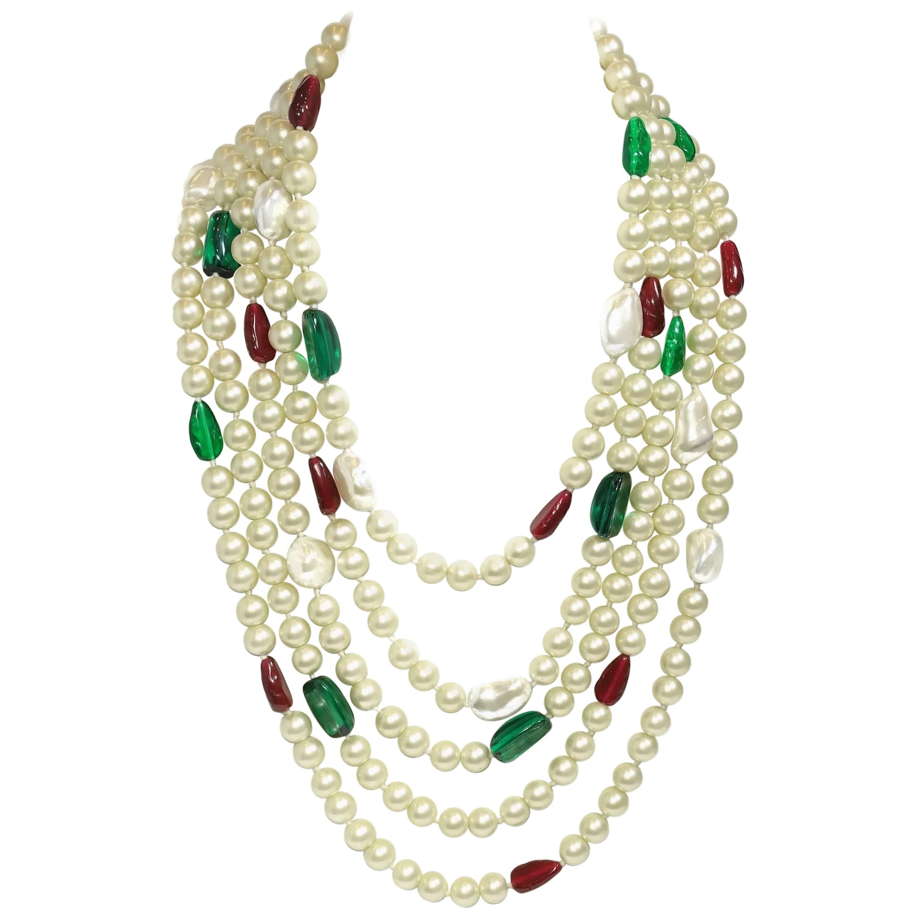Signed Kenneth Jay Lane Multi-Strand Faux Pearl, Green & Red Stone Necklace
